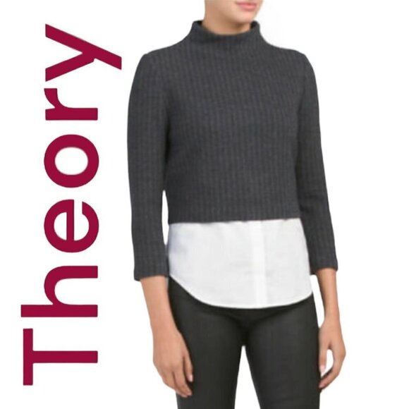 THEORY Gracila Navy Pinstriped Wool Blend 3/4 Sleeve Top, Size M - Picture 1 of 12